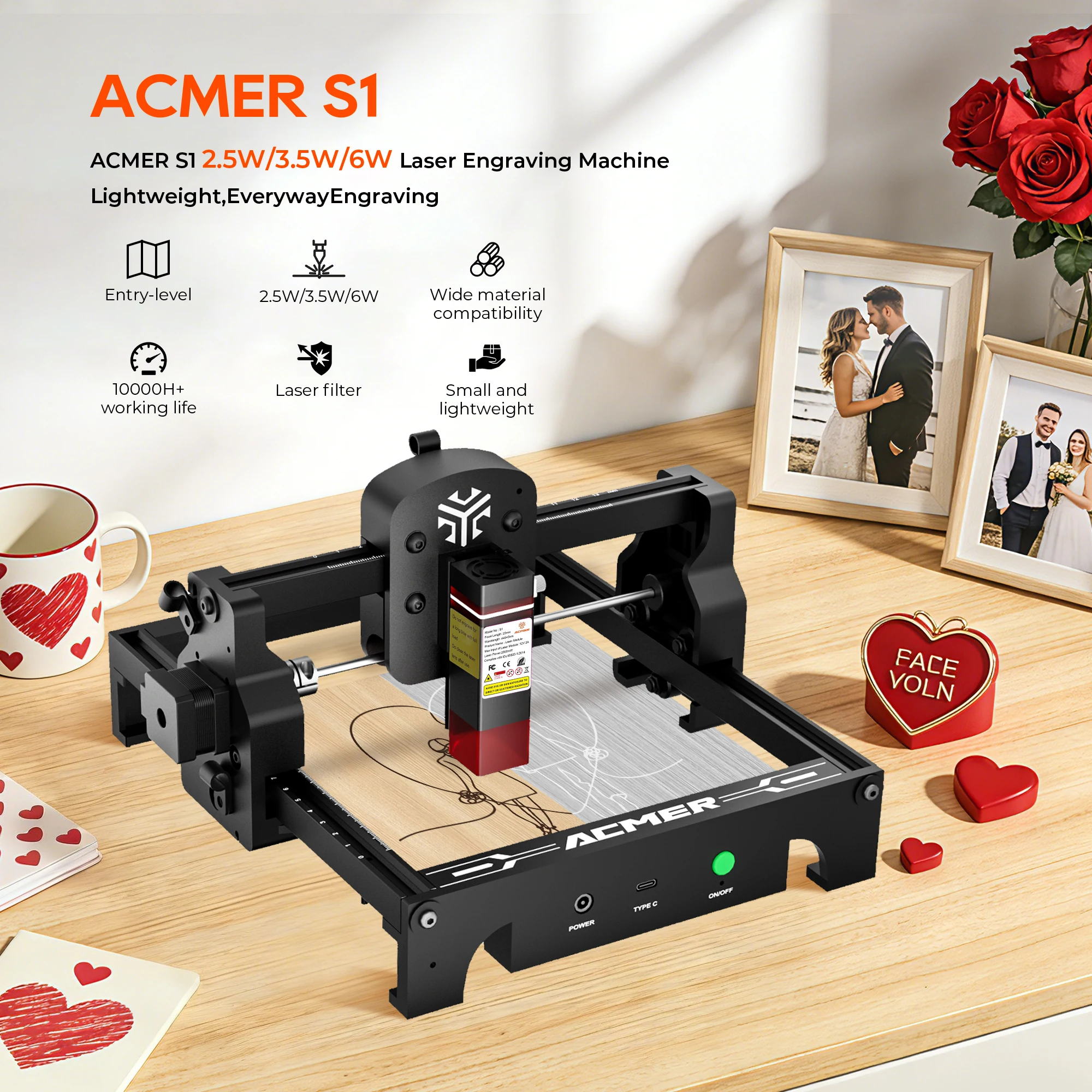 

ACMER S1 130x130mm 2.5/3.5/6W Laser Engraving Machine CNC Cutting Machine Diy Carving Novice Woodworking Tool Couples Gift