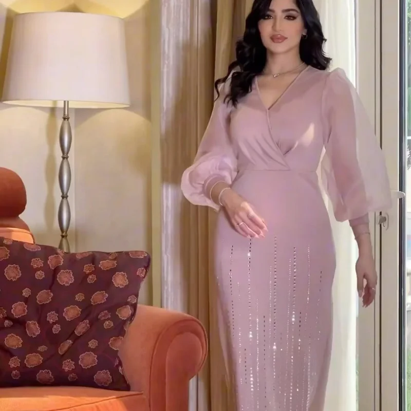 

European Station2025Autumn NewvCollar Mesh Sequin Elegant Slimming Lantern Sleeve Dress for Women