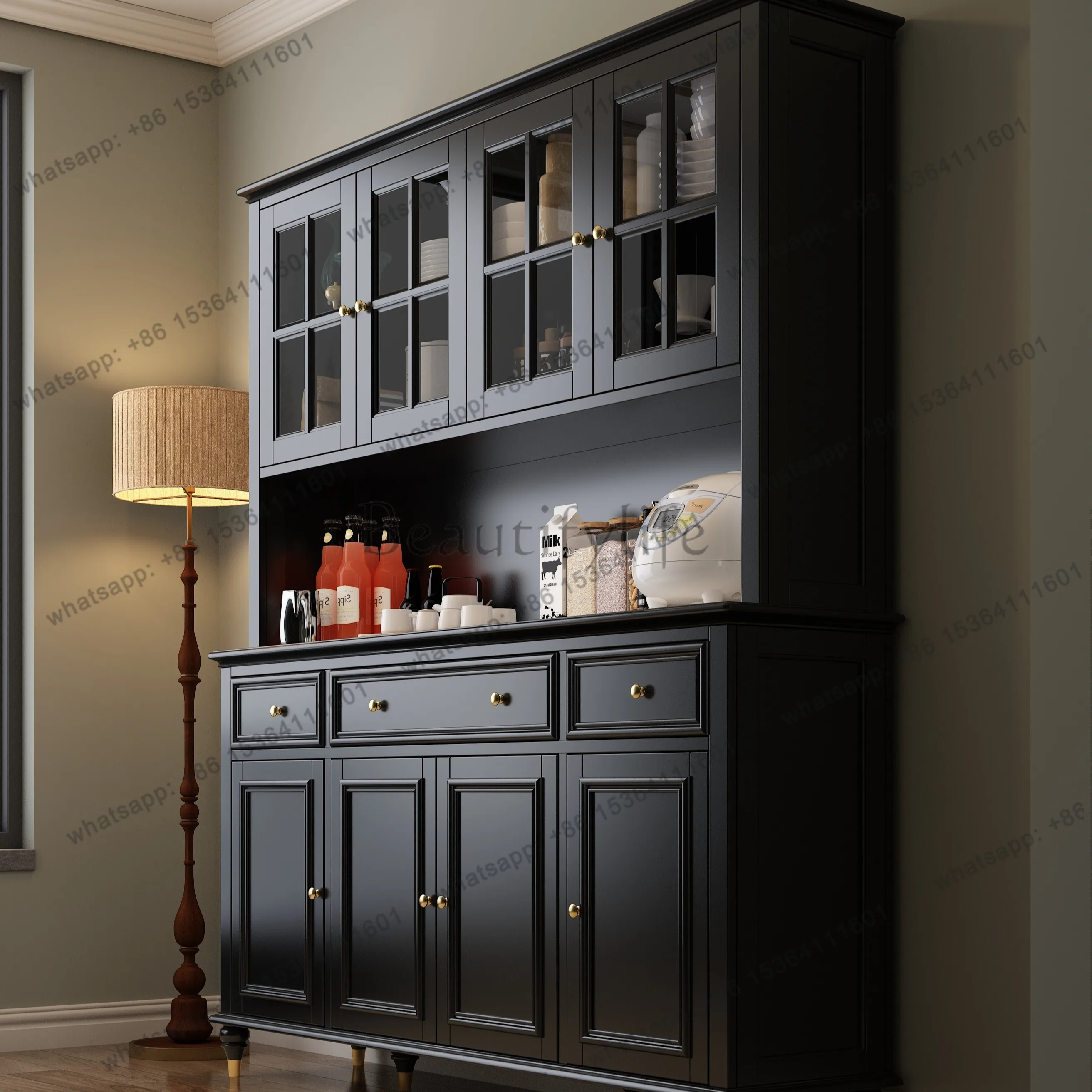 

American furniture black retro dining side wine cabinet integrated storage tea cabinet solid wood