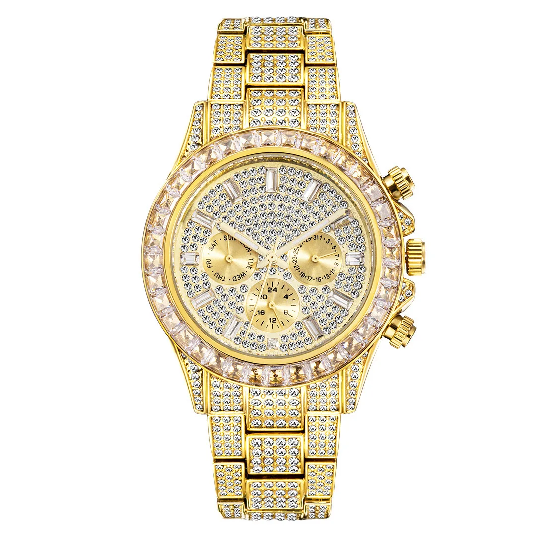 +MISSFOX-relojes de moda verde plateado para hombre, Reloj inteligente resistente al agua con diamantes de arcoíris, relojes deportivos de acero completo, Reloj masculino