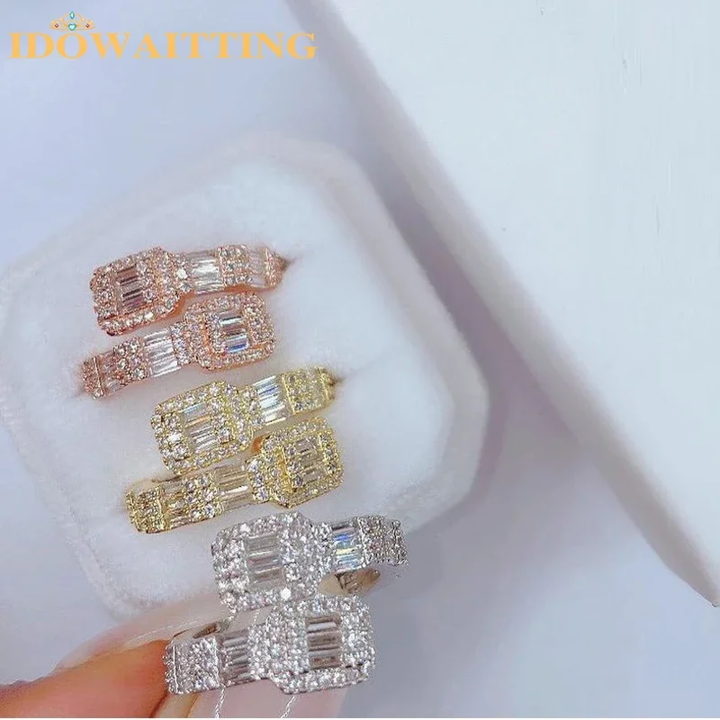 Geometric Iced Out Bling CZ Cluster Open Adjustable Rings Sparking 5A Rectangle Cubic Zirconia Paved Women Finger Jewelry