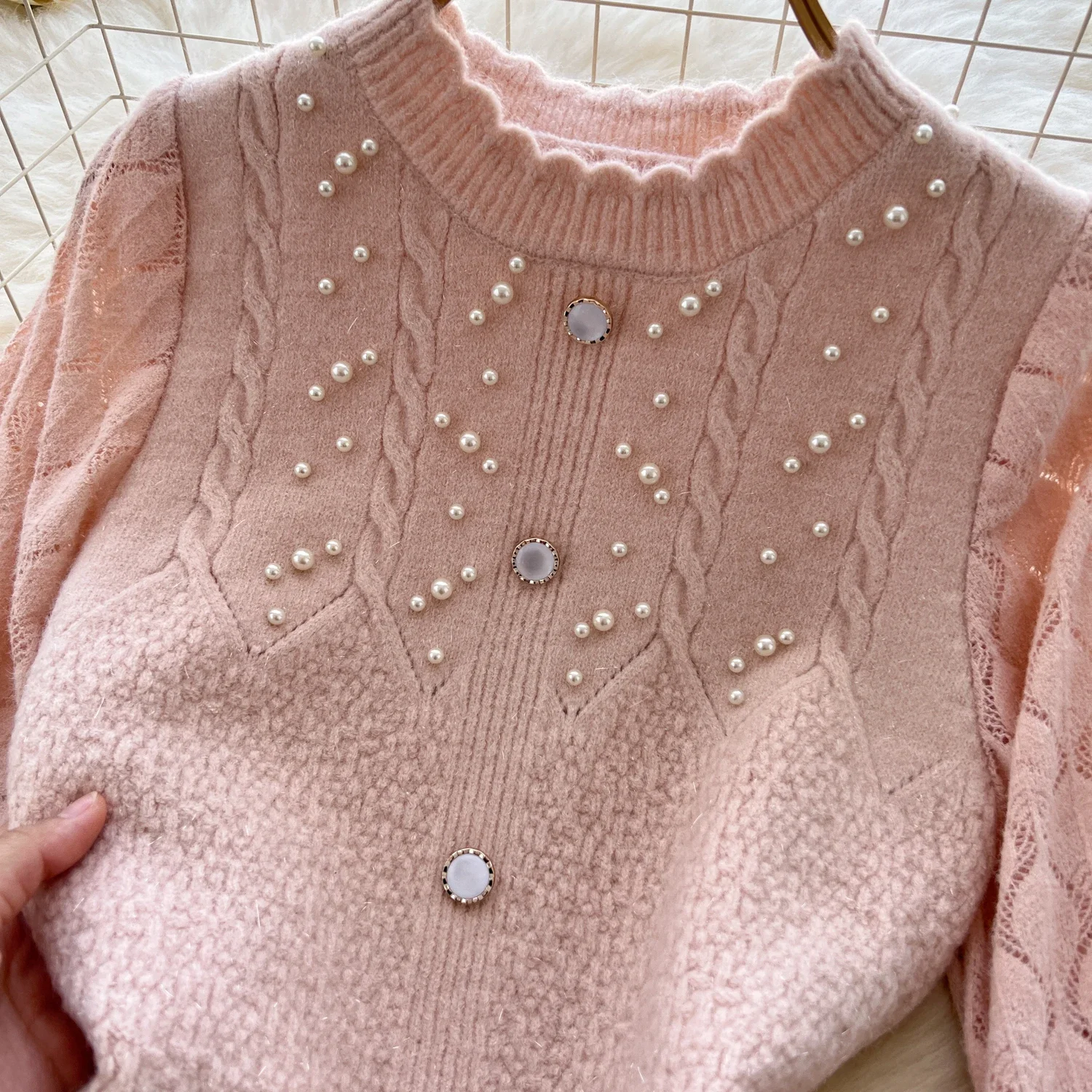 Basics Long Sleeves Vintage O-neck Chic Embroidered Bead Lace Spliced Knit Slim Dress French Evening High Street Winter Clothing