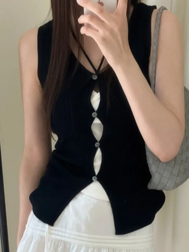 

Slimming V-Ne Svel Hollow out Button Knitted Cardigan Women's Summer New Sle Chic Thin Hanging Ne Knitted Vest