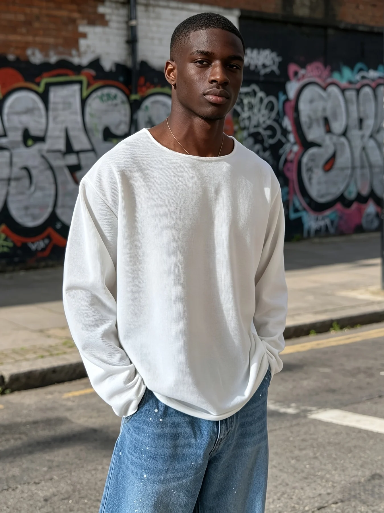 Herren-T-Shirt mit langen Ärmeln, einfarbig, gerippt, locker geschnitten, Oversize, Rundhalsausschnitt, Pullover, lässiger Streetstyle, Basic-Oberteil für Herren – Detail 2
