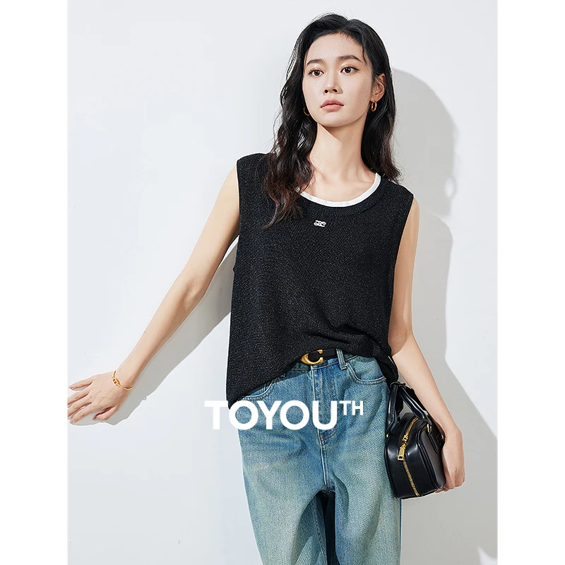 

TOYOUTH Women Tank Tops 2024 Summer New Fake Two Piece Contrast Color Round Neck Sparkling Knitted Sleeveless Tops