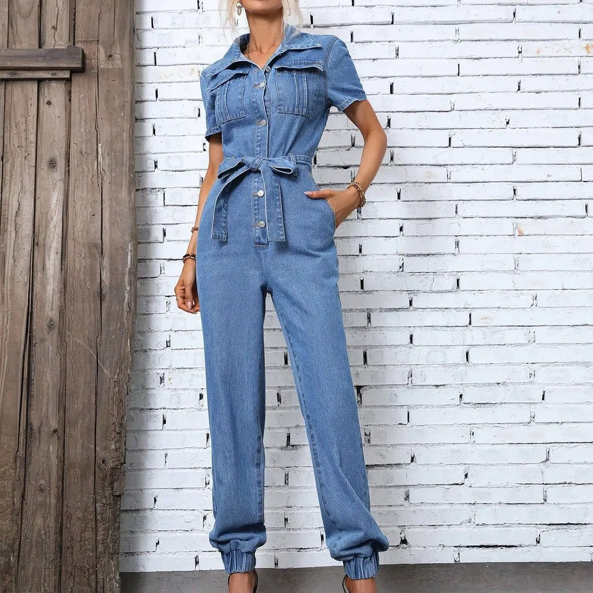 

Overalls Washed Jeans Jumpsuits Single Breasted Skinny Pencil Pants Denim Basics Ankle Length Sashes Pockets Spliced Vintage