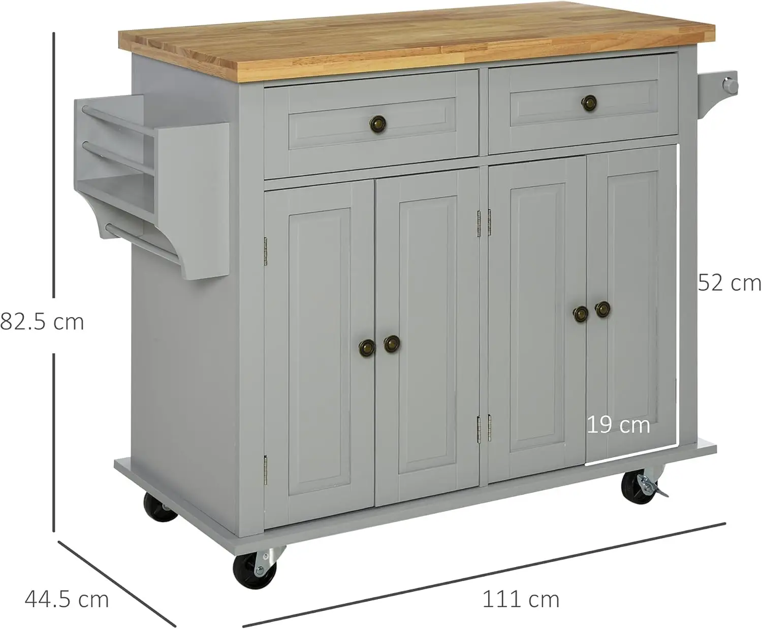 Kitchen Island on Wheels Rolling Cart, Rubberwood Top, Spice Rack, Toalheiro e gavetas para sala de jantar, Cinza, Novo