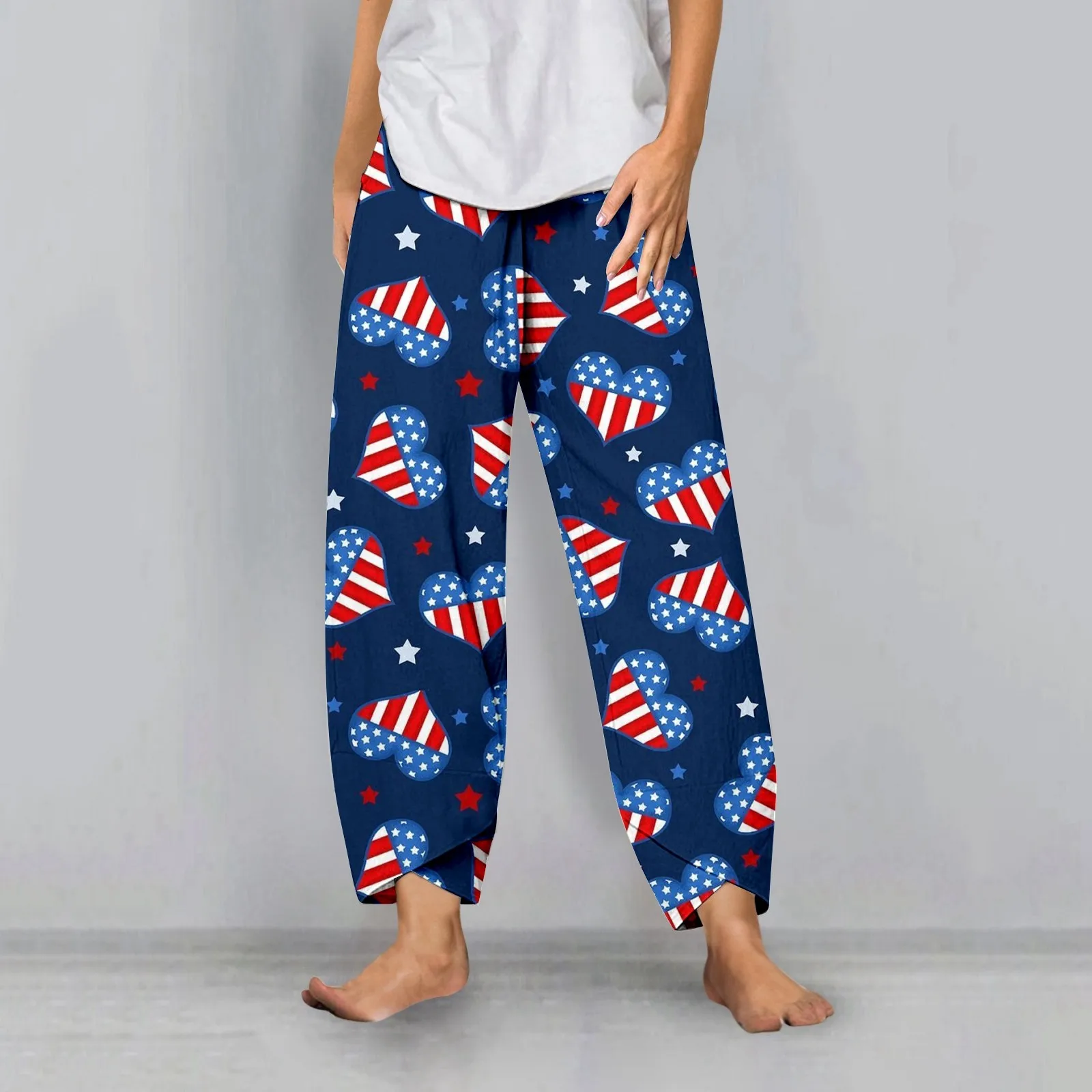 

Summer Womens Casual Striped Print Pants Cropped High Waisted Trousers With Pockets Comfy Harem Pants for Independence Day