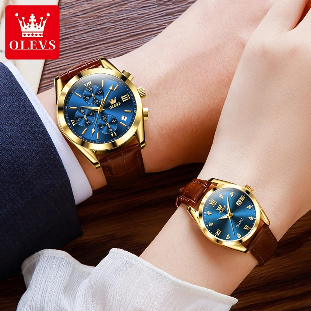 OLEVS-Montre-bracelet en cuir étanche pour couple, montres à quartz pour les amoureux, horloge de luxe, mode décontractée pour dames, marque supérieure