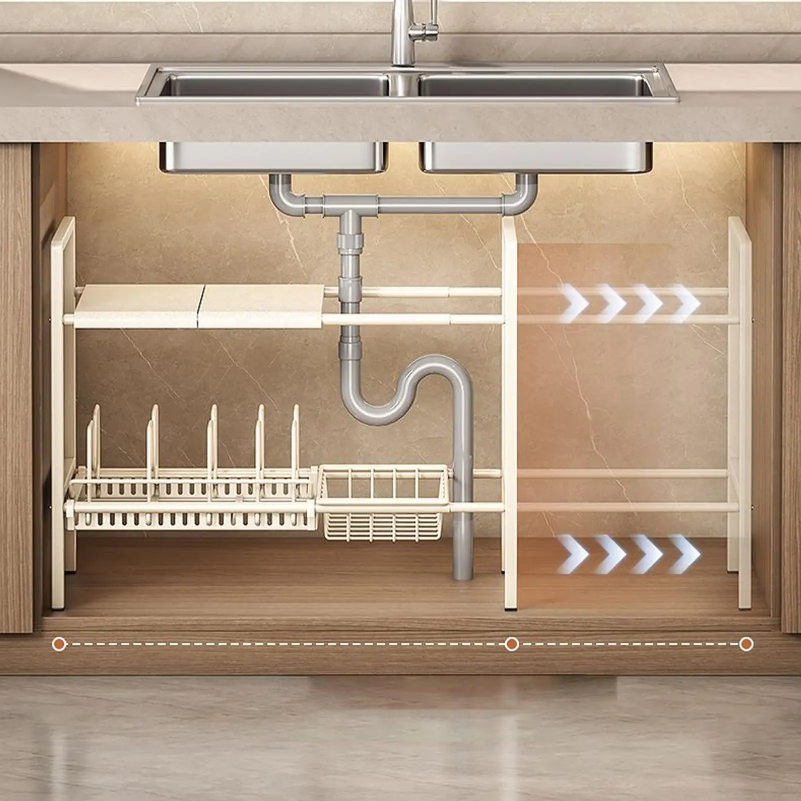 منظم تحت المغسلة للمطبخ، منظمات تخزين متعددة الأغراض، طبقة مزدوجة، رف قوي قابل للتوسيع لطبق خزانة المنزل