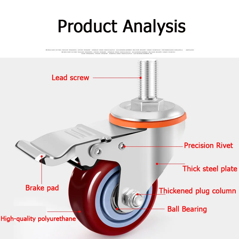 Polyurethane Rod Casters 3/4/5 Inches M10/12/16 Extended Rod Casters Double Bearing Wear-Resistant Swivel Wheels Hand Truck