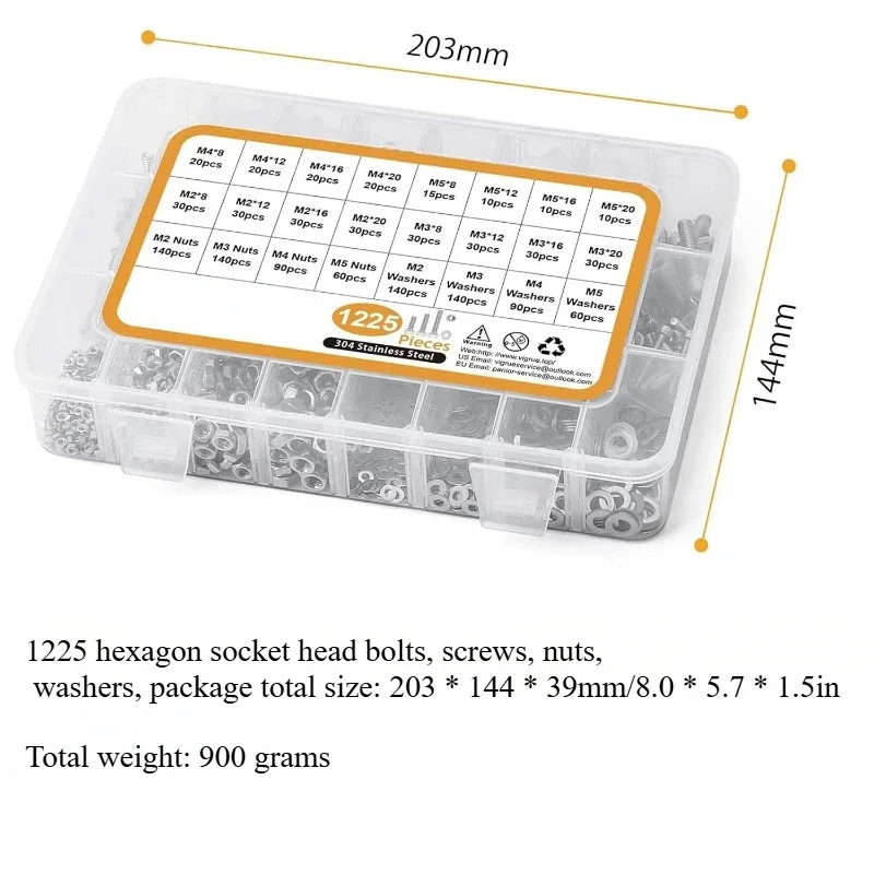 1225pcs Boxs 304 Stainless Steel Hexagon Socket Head Bolt Nut Set Screws with 4 Wrenches  M2 M3 M4 M5 Screw Kit Assortment