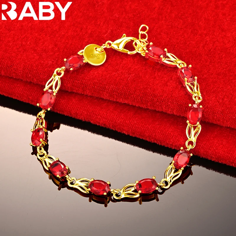 

URBABY 24K Gold Red Crystal Chain Bracelet For Women Wedding Party Charm Jewelry Fashion Accessories Free Shipping