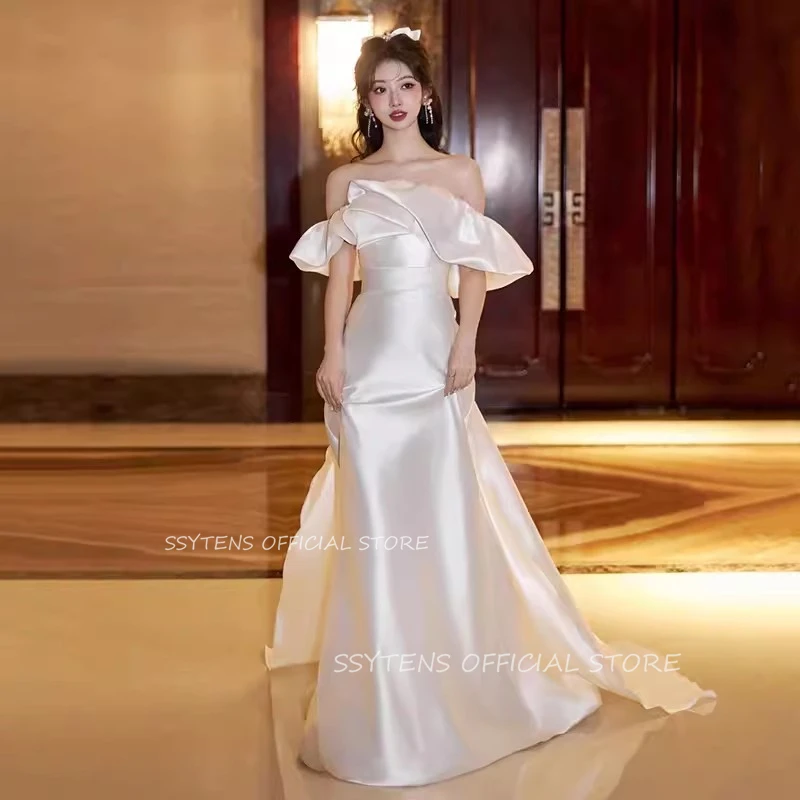 Classic Boat Neck corea abiti da sposa da sera per donna Ruffles servizio fotografico abiti da festa di compleanno abito da sposa Sexy con spalle scoperte