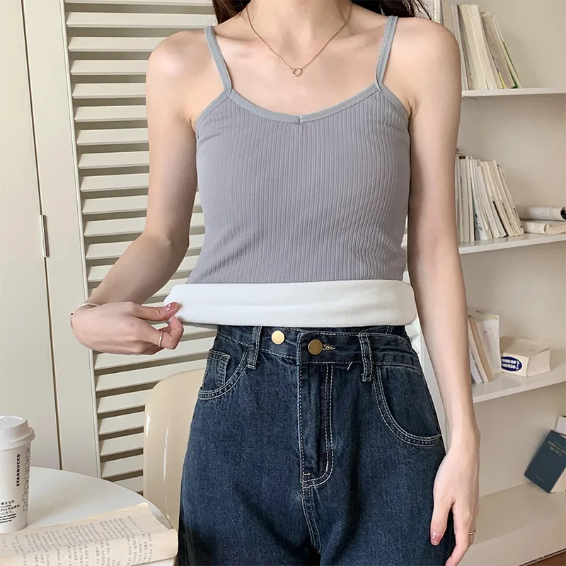 Women Sexy Solid Color Tops Thermal Casual Comfortable Elasticity Crop top Black Thin Velvet Sleeveless  Underwear Tank Top