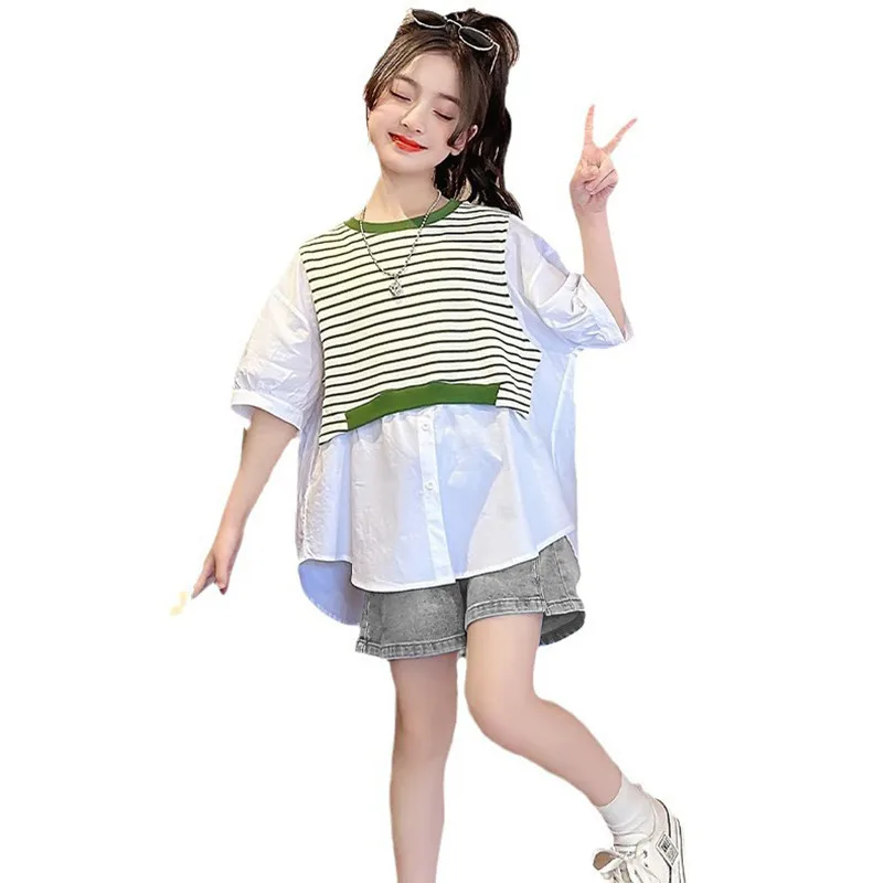 

Girls Blouse Shirts New Summer Childrens Korean Style Teens Clothes Fashion Knitted Splicing Bottoming Shirt Kids Tops T-shirt