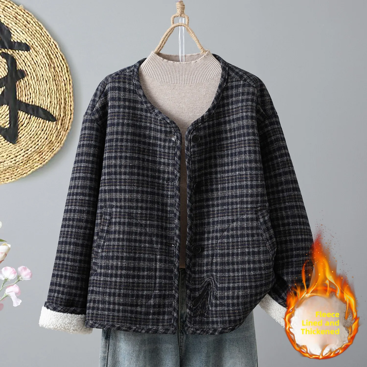 冬用ファイオン・ティエンエド・プレイド・ウール混紡・暖かいコットンジャケット・フェイス裏地付き・シングルボタン・レディース・リトルコットンコート
