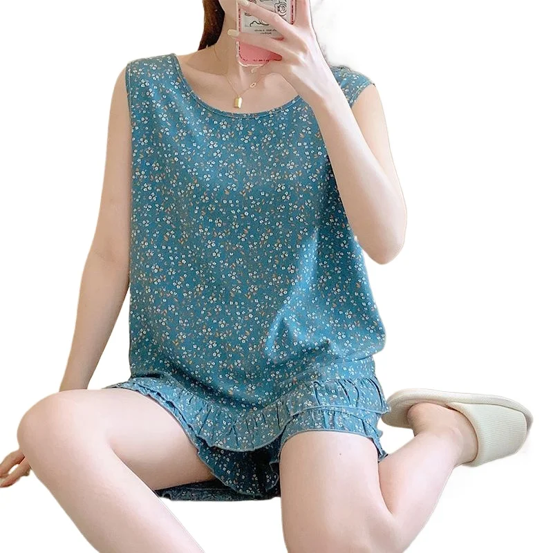 女性の夏用半袖サスペンダー人工綿セットノースリーブベストエアコンラウンジウェア綿とシルクのパジャマ