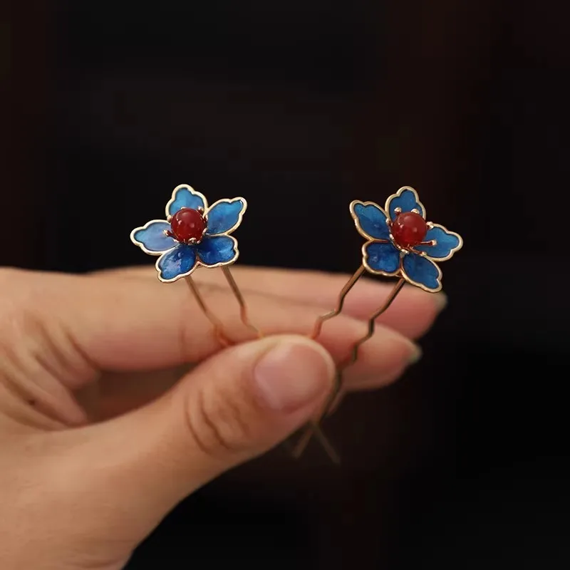 青い花の古代風漢服ヘアピン、絶妙な花柄ヘアアクセサリー、新しい中国風の焦げ茶色のヘアピン、小さなU字型H