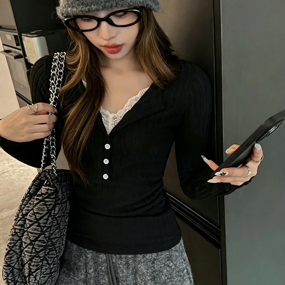 Fashion Long Sleeve V‑Neck T‑Shirt Lace Patchwork V-Neck Lace Patchwork Top Base Shirt Top