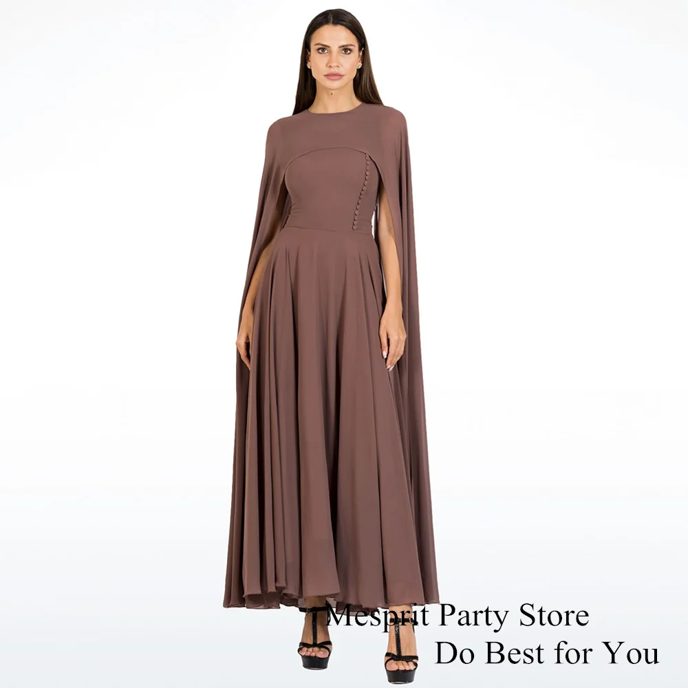 

Simple Brown Prom Dresses with Cape Crew Neck Buttons A Line Ankle Length Chiffon Saudi Evening Dress Formal Party Gown