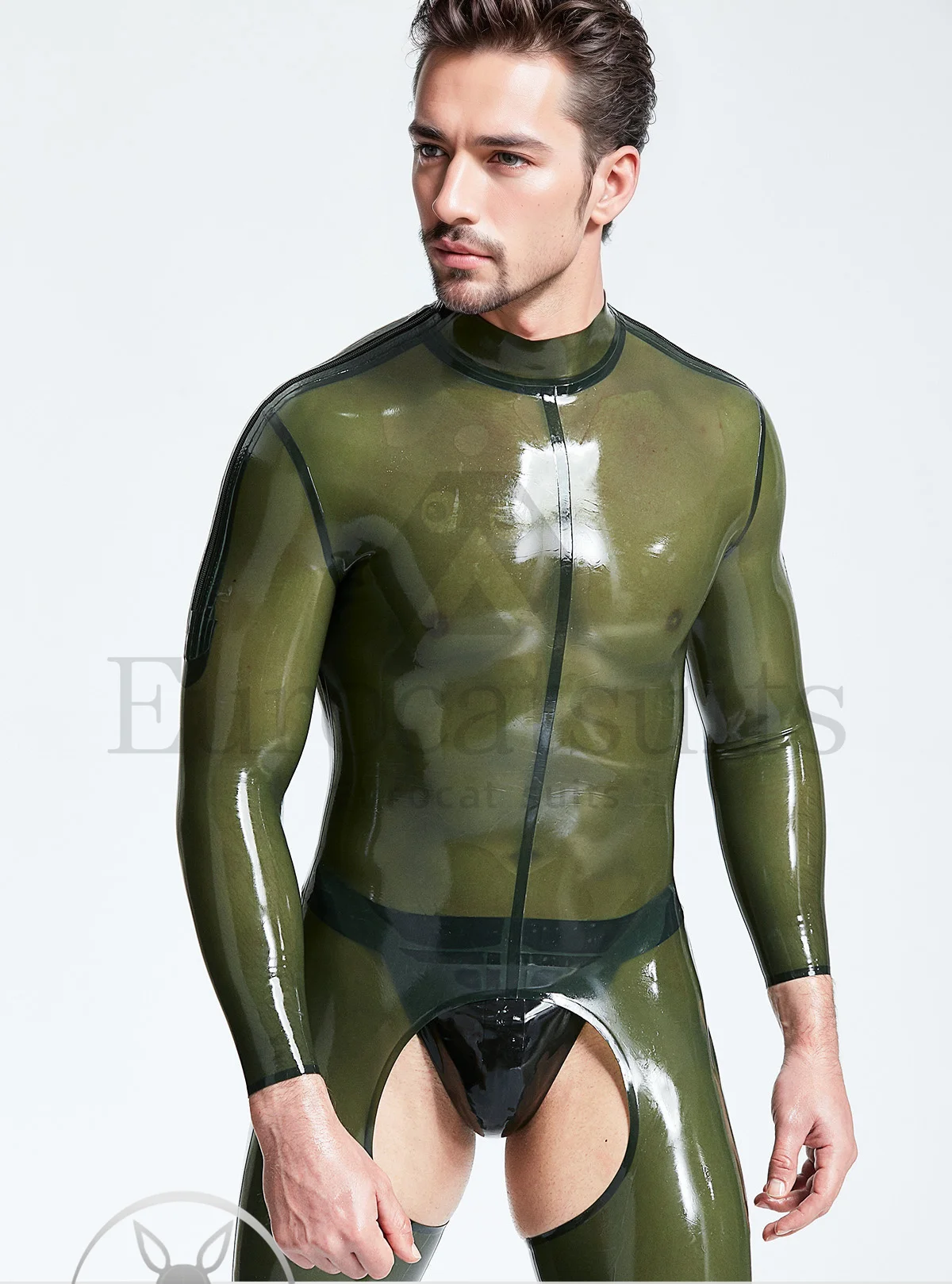 latex catsuits men eurocat suits  latex  rubber fetish customised    Male Translucent \'Chaps Look\' Shoulder-zip