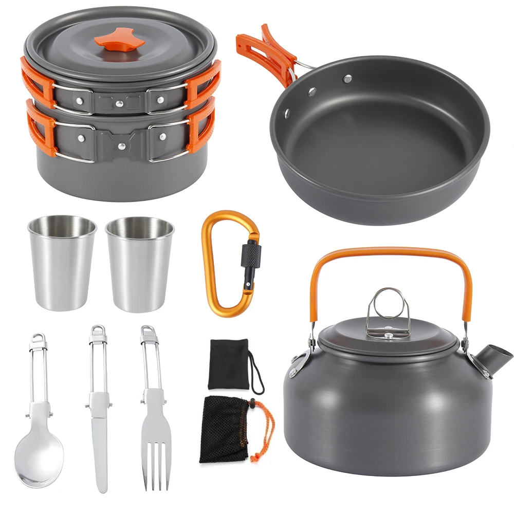 Portable Outdoor Tableware Kit Cooking Non-Stick Pots Pan Teapot Utensils Cookware Grill Tool Camping Kitchen Accessories Gadget