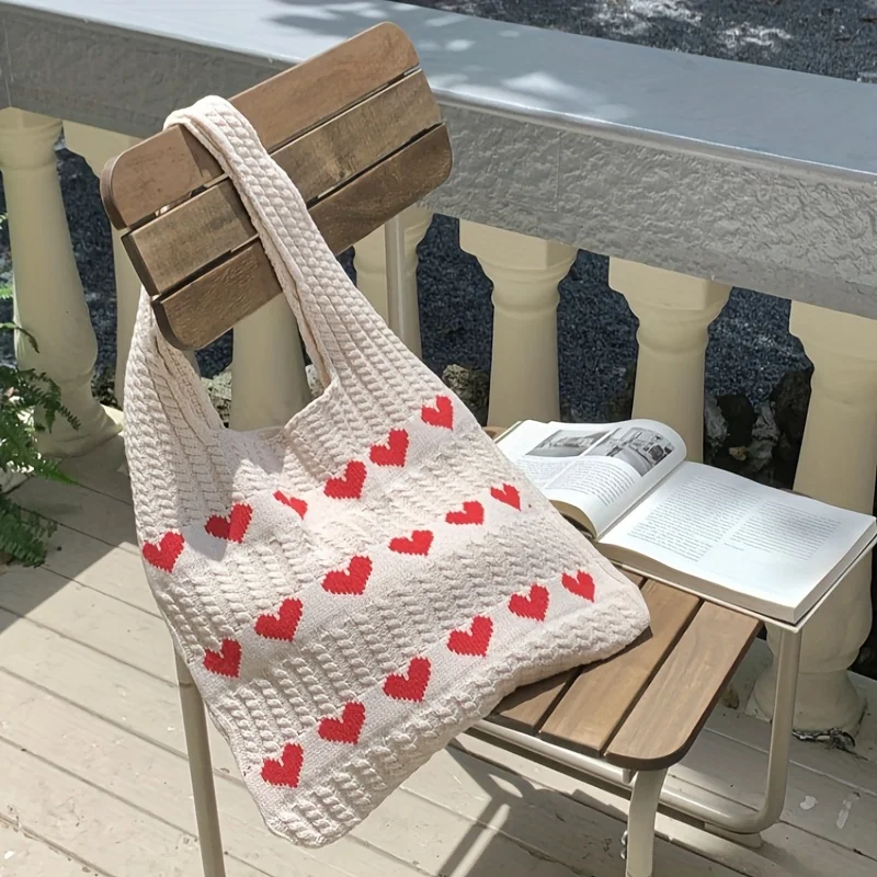 1 Stück Neue Liebesmuster-Stricktasche mit Großer Kapazität, Modische Damen-Schulterhandtasche für Tägliche Einkäufe und Aufbewahrung – Detail 12