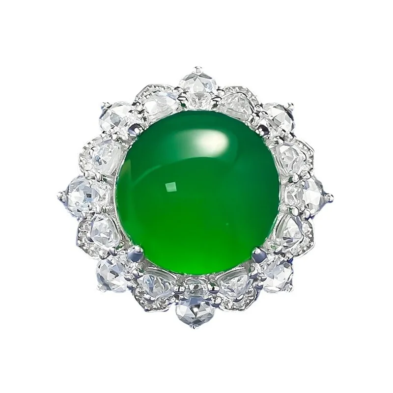 New S925 Silver Luxury Set High Ice Green Jade Chalcedony Style Big Egg Face 12mm Agate Ring