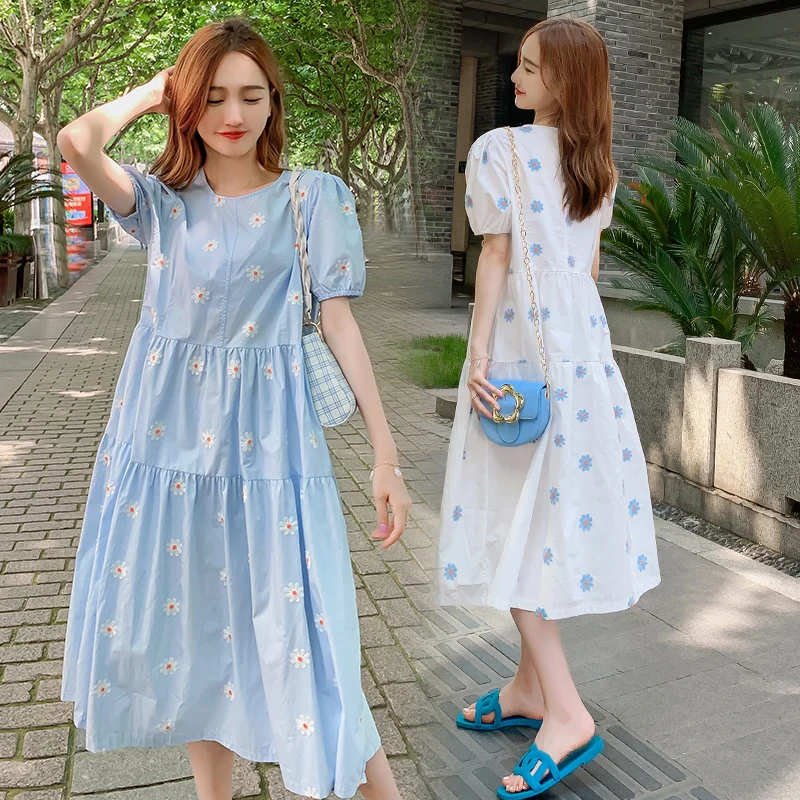 

2024 Summer Loose Dress Sweet Daisy Embroidery Pregnant Women Dress Bow Back O-Neck Short Sleeve Maternity Cotton A-Line Dresses