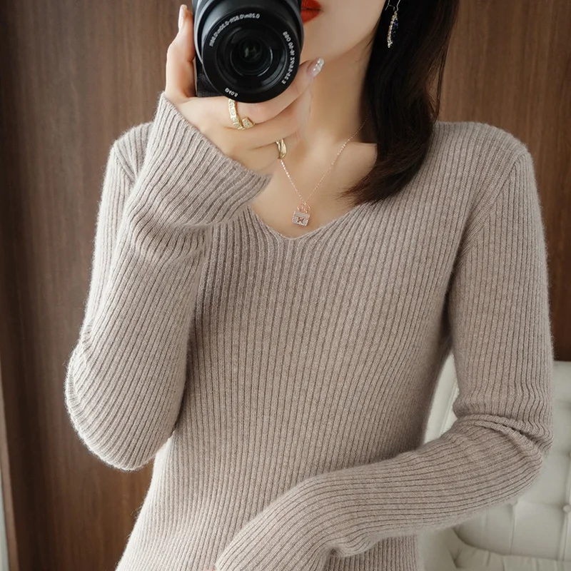 

Autumn Winter Women's Slim Fit V-Ne Camere Sweater ort Knitted Heart Collar Knitwear Versatile Base Layer irt