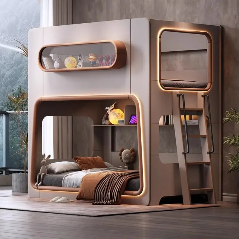 Solid wood guardrail space capsule children's bed small apartment with the same width mother and child bunk bed