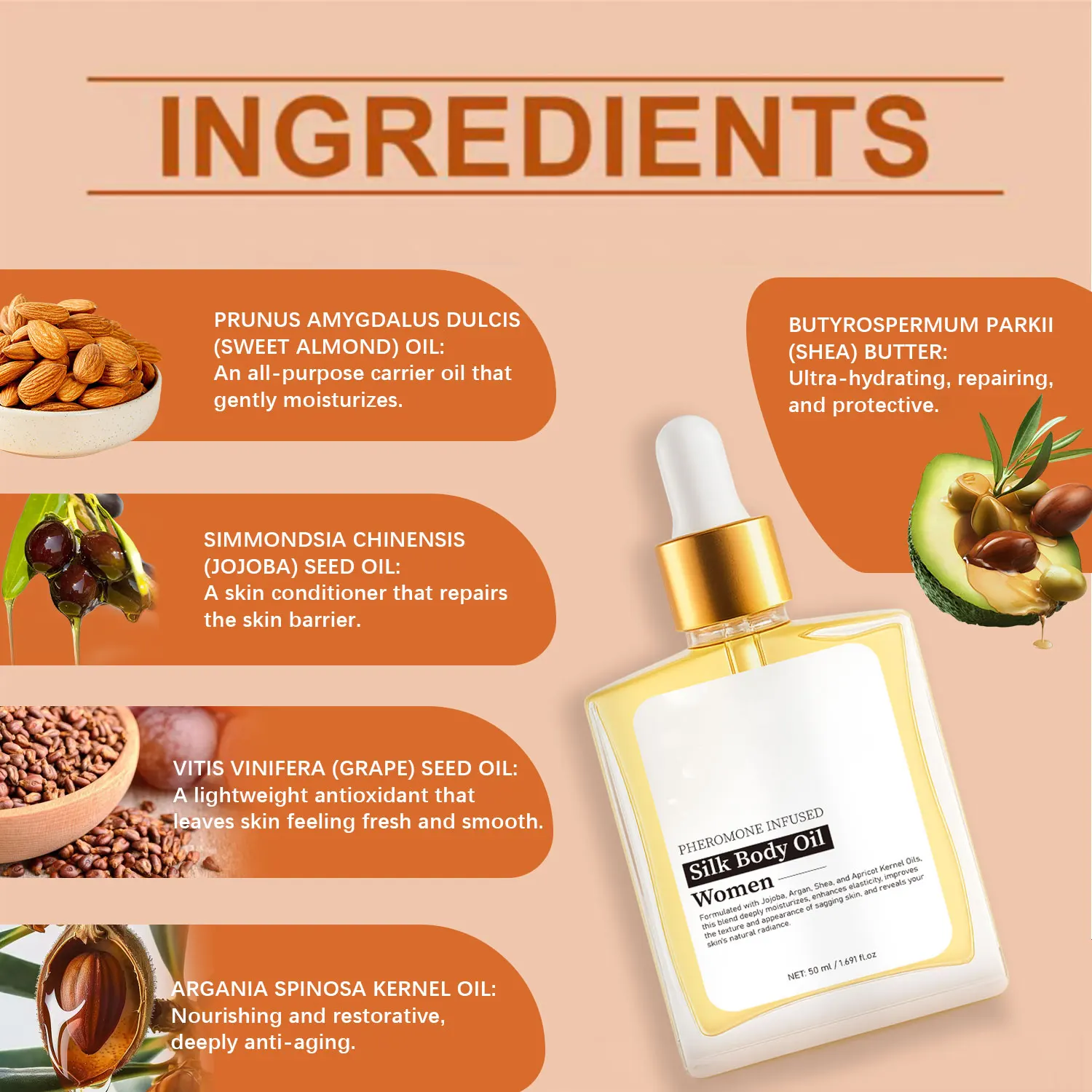 Picture 3: Silk Body Oil For Women 50ML Firming Anti Aging Moisturizing Formula, Crepey Skin Hydrating After Shower, Scented Blend Skincare