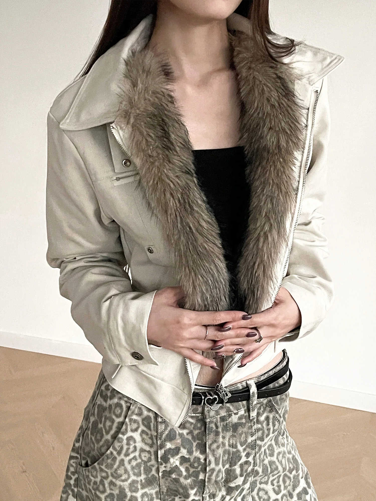 

Inbeowroom American Workwear Faux Fur Collar ort Jaet Women's Warm Slimming Waistcoat Zipper Closure Cotton Blend Coat