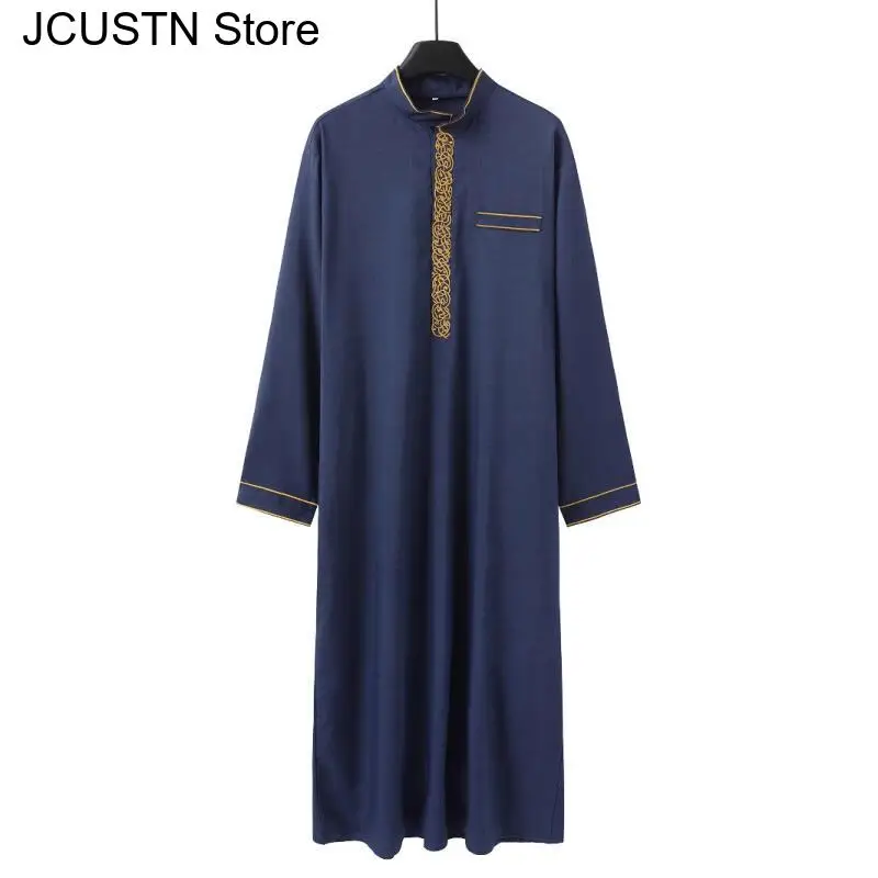 ثوب رجالي مسلم بأكمام طويلة مطرز بياقة واقفة رداء رجالي إسلامي فضفاض ملابس رجالية عربية تقليدية