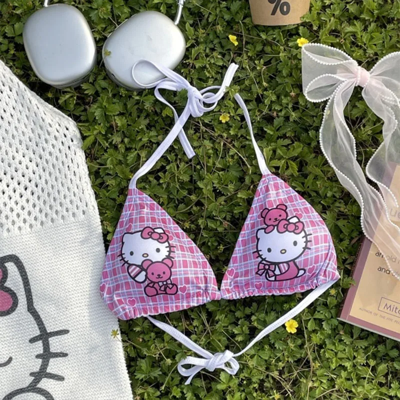 Biustonosz Sanrio Hello Kitty Bikini kobiety śliczny seksowny strój kąpielowy Push up wyściełany biustonosz dziewczęcy kostium kąpielowy kostium