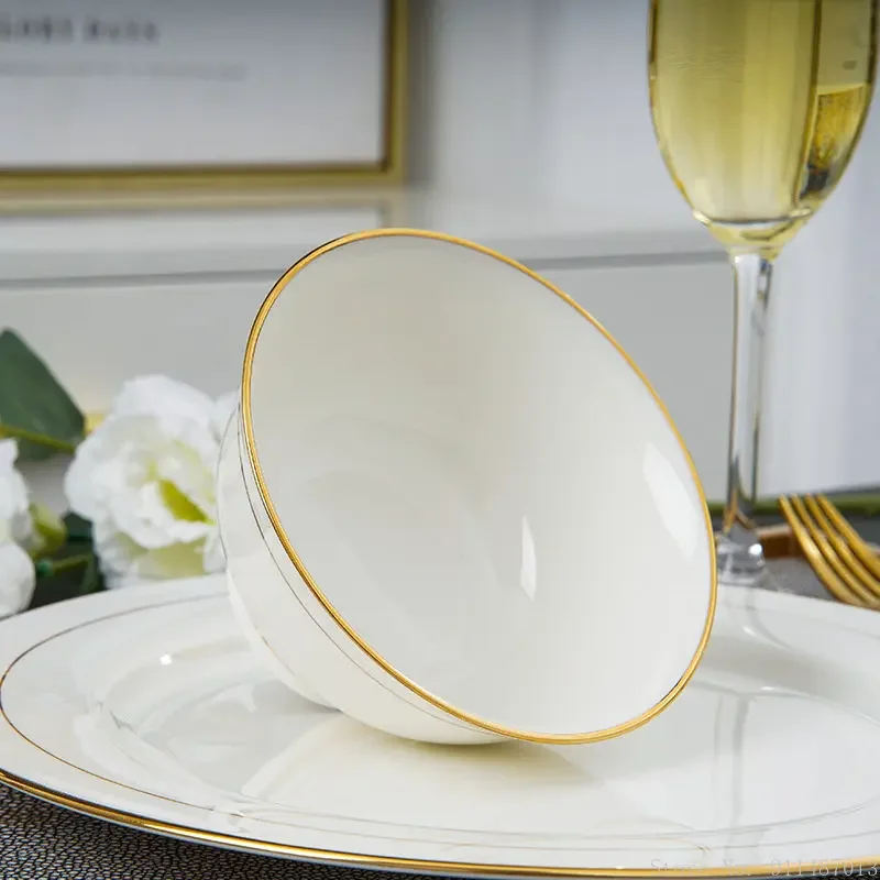1pc Chinese white color gold edged ceramic bone china tableware household dining room kitchen supplies pot bowl dinner plate