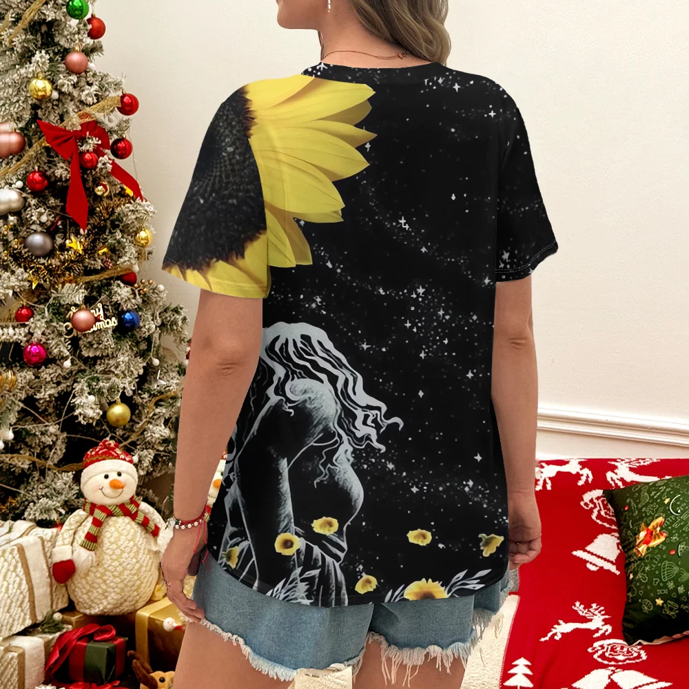 Beautiful Art Style Black Starry Sky Flower Portrait Printed Fashion Summer Women's Casual Short sleeved T-shirt