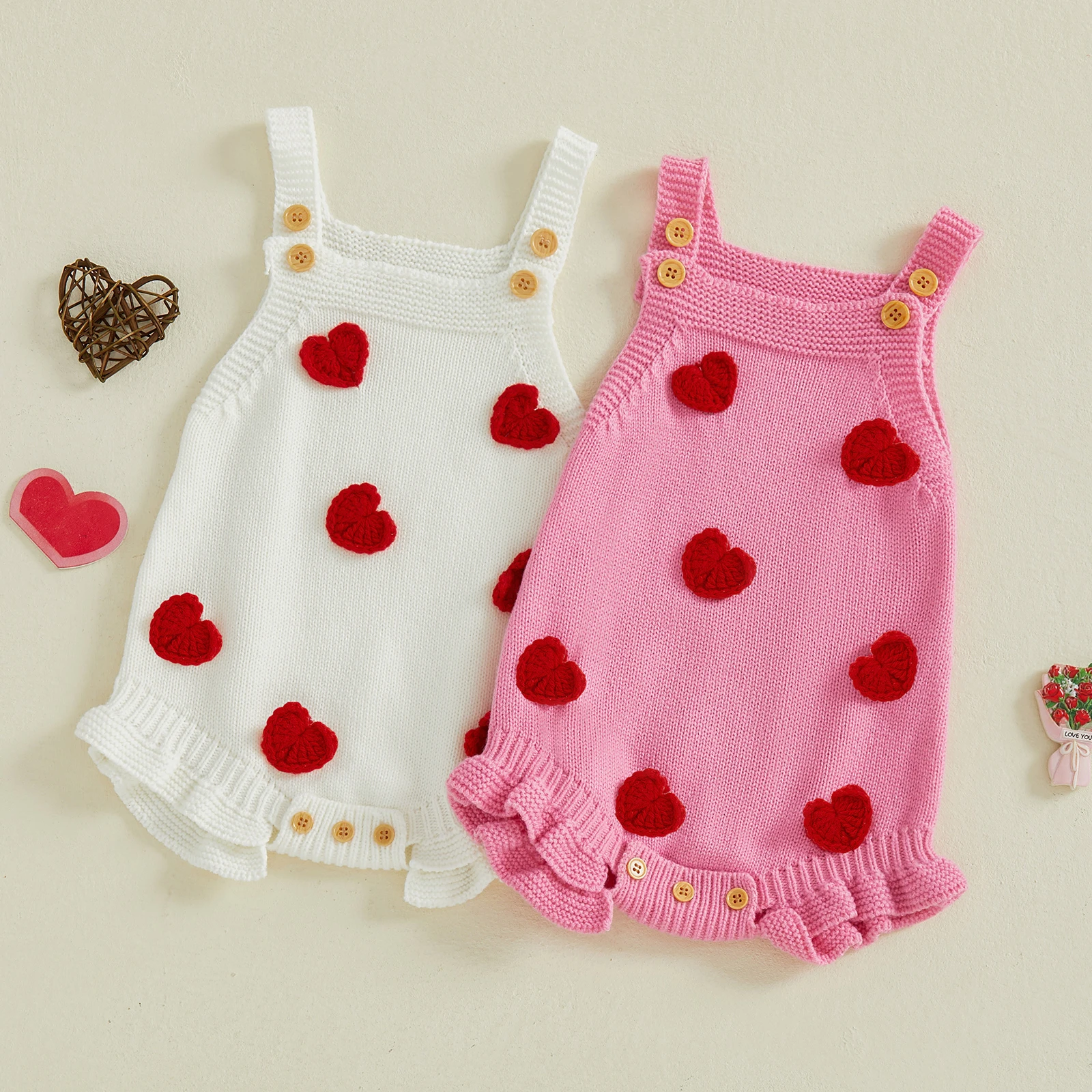 Newborn Toddler Infant Baby Girl Valentine’s Day Romper Sleeveless Square Neck Heart Bodysuit Newborn Knit Overalls