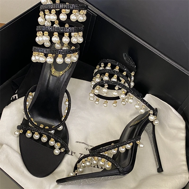 Eilyken Sexy Elegan Crystal  Pearl Pendant Ankle Strap Women Sandals Street Style Thin High Heels Carnival Prom Party Shoes