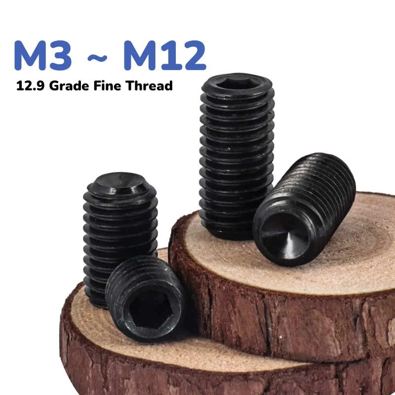 Black 12.9 Grade Fine Thread Set Screw With Concave Set Screw Without Head Pitch 0.35/0.5/0.75/1.0/1.5mm M3 ~ M12