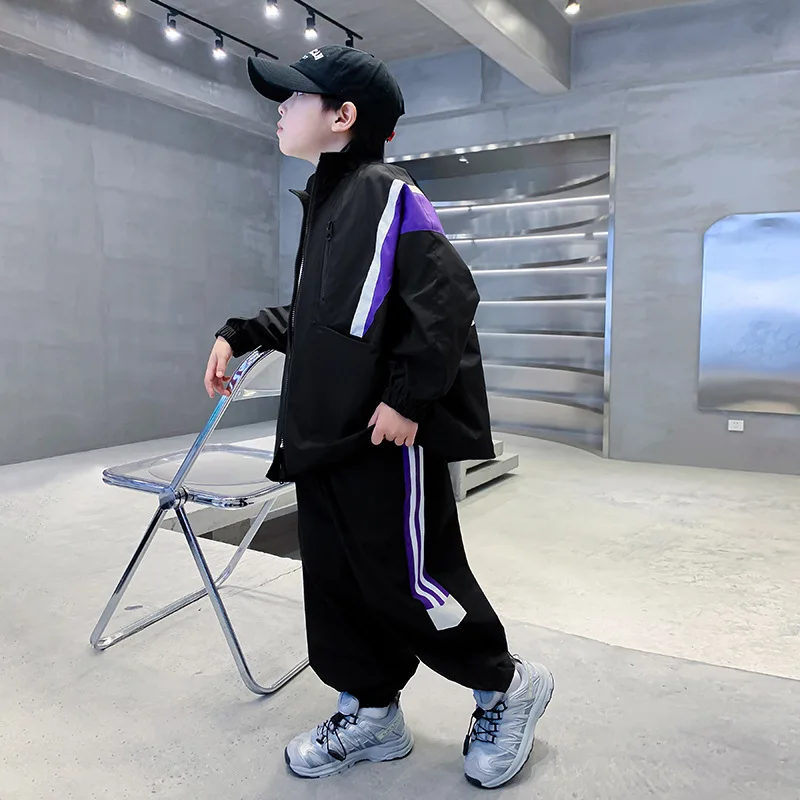 2025 Spring 4-12Y Boy 2PCS Clothes Street Set Long Sleeve Zipper Track Jacket Elastic Waist Purple Side Stripe Sport Pant Outfit