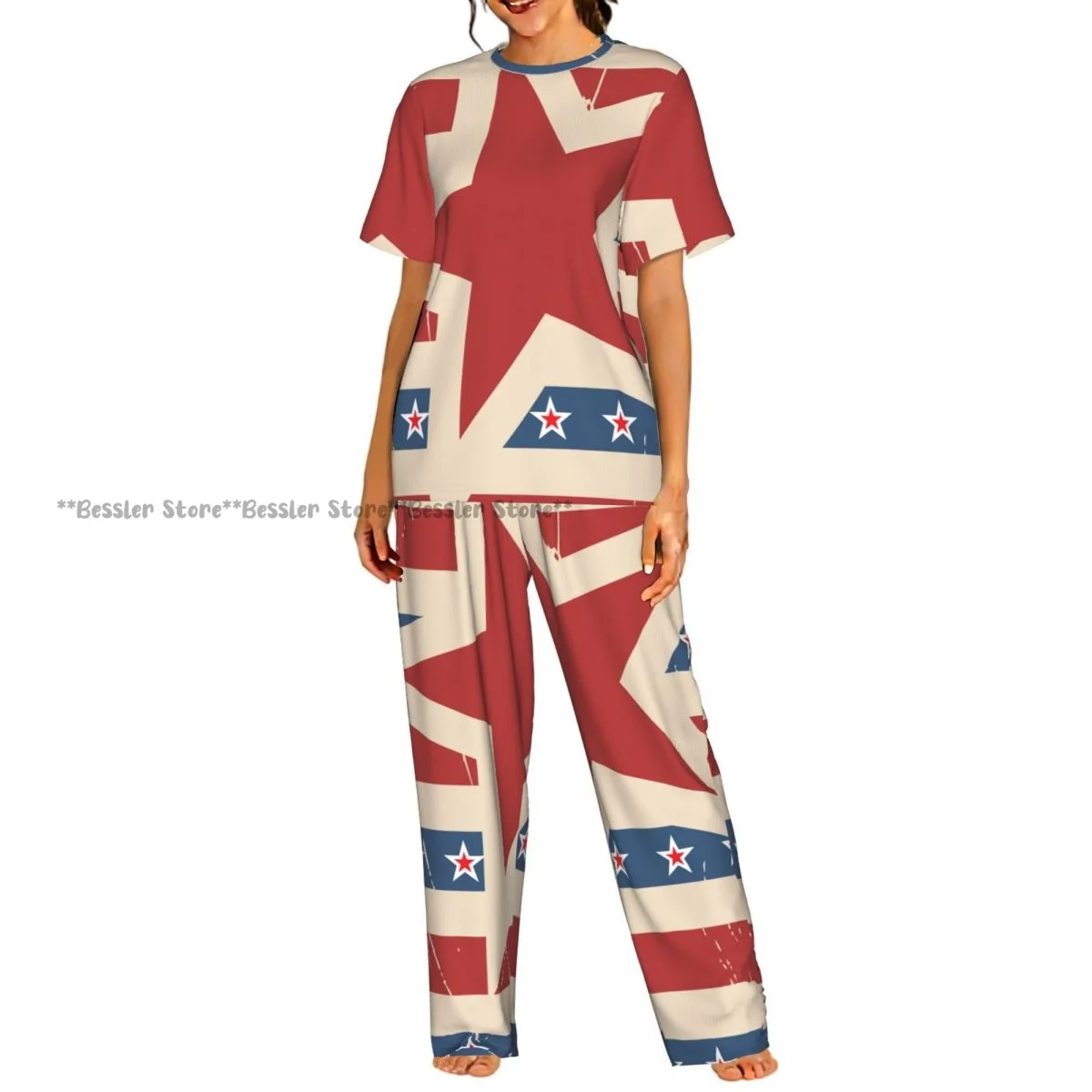 Conjunto de pijamas con estampado de estrellas y rayas patrióticas americanas vintage, ropa de hogar de manga corta para mujer