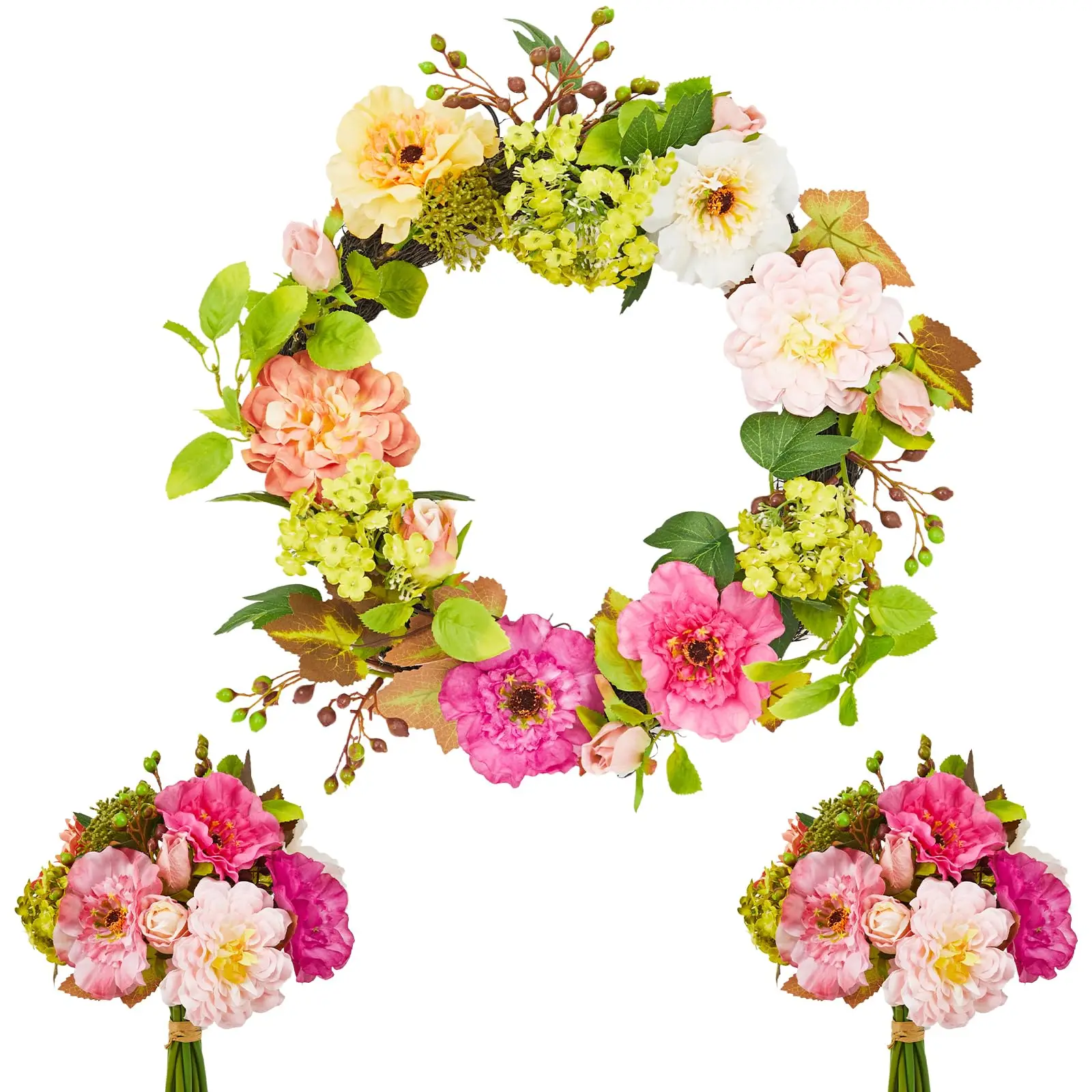 

18/22/24in Faux Peony Hydrangea Wreath & 2 Bouquet Bundle Artificial Spring Summer Front Door Decor Rustic Rattan Floral Set