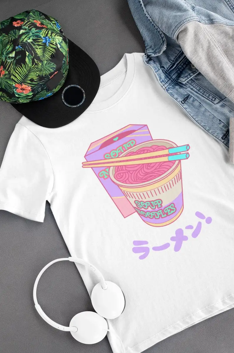 Pink Aesthetic T-shirt, Soup Noodles Kawaii Tee, Pastel Clothing, Sad Girls, Harajuku Shirt, Pastel Goth, Anime Tee, Ramen