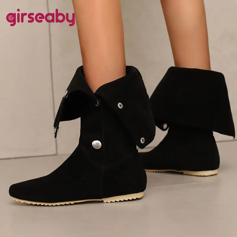 

Girseaby Ретро флоковые замшевые женские сапоги до колена с круглым носком на плоской подошве и пуговицами двойного назначения, расширенный размер 46, 47, 48, коричневый