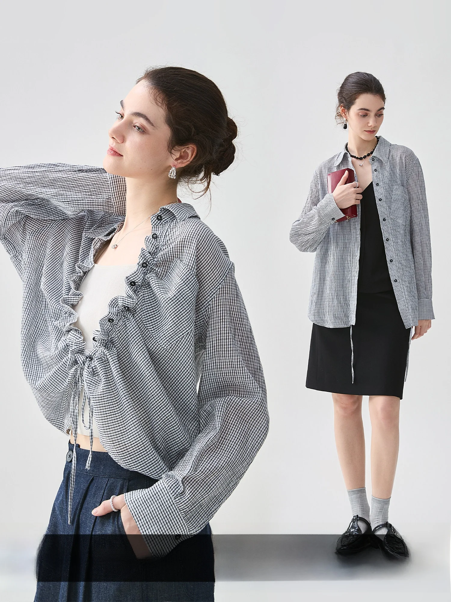 

Casual Loose Women's Cotton Plaid Shirt Spring New Style Drawstring Pleated Top Versatile Fashionable Chinese Brand Whale