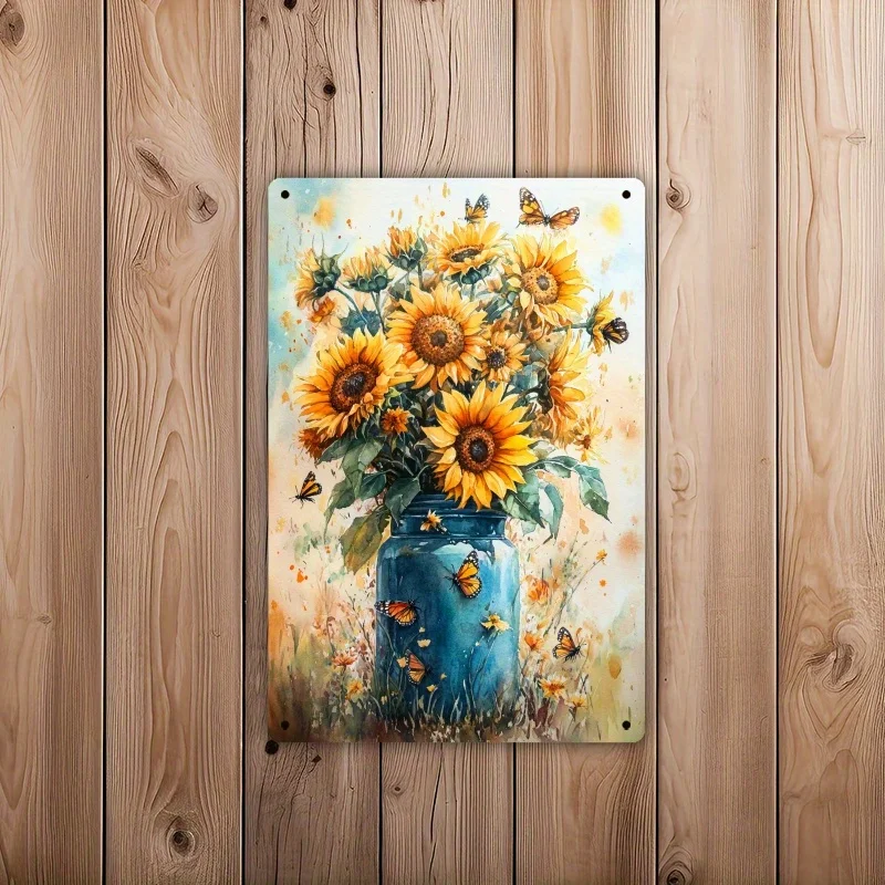 Vibrant Sunflower & Butterfly 2D Metal Wall Art - Rustic Iron Decor for Home, Garden, Office, Easy to Hang, Vintage Finish