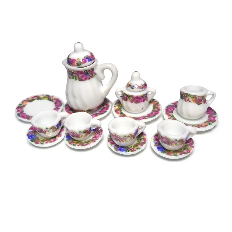 Escala 1:12 para casa muñecas, vajilla, muebles en miniatura, flor morada, porcelana China