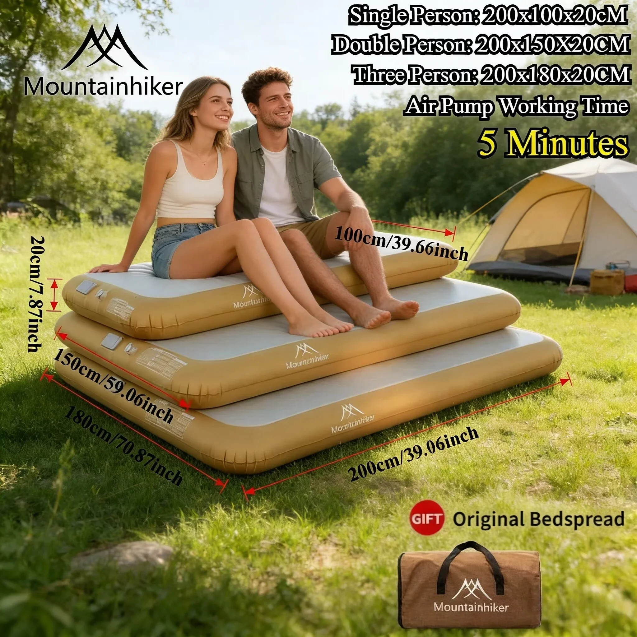

﻿ Надувной матрас MOUNTAINHIKER Upgrade 20 см для кемпинга и пикников, для автопутешествий, самонадувающийся, с подушкой